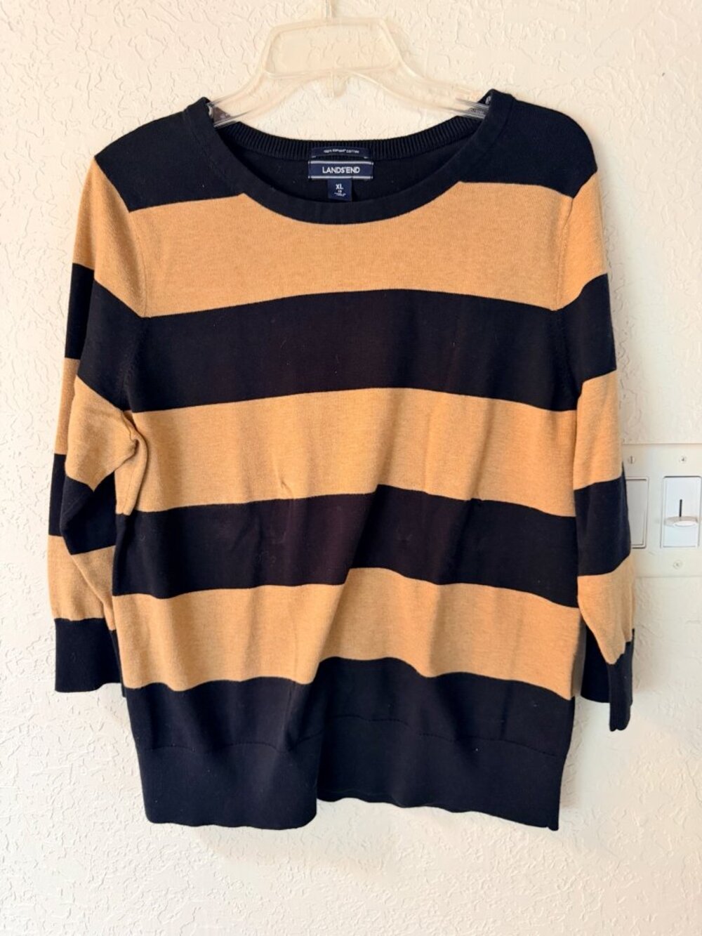 Lands’ End Supima Cotton Camel Black Striped Sweater XL Preppy